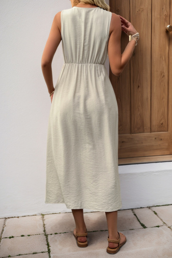 Casual non-stretch solid color sleeveless button decor wrinkle fabric midi dress