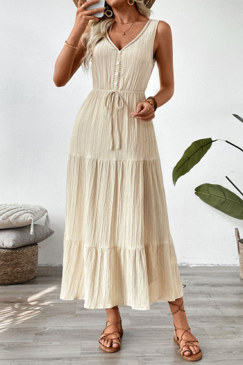 Casual non-stretch 3 colors solid color sleeveless wrinkle fabric midi dress