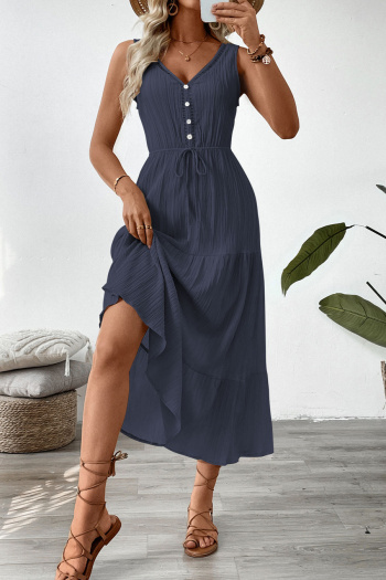 Casual non-stretch 3 colors solid color sleeveless wrinkle fabric midi dress