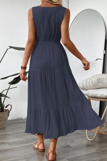 Casual non-stretch 3 colors solid color sleeveless wrinkle fabric midi dress