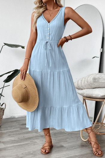 Casual non-stretch 3 colors solid color sleeveless wrinkle fabric midi dress