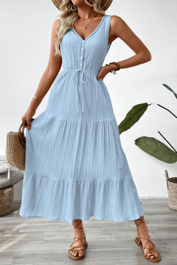 Casual non-stretch 3 colors solid color sleeveless wrinkle fabric midi dress