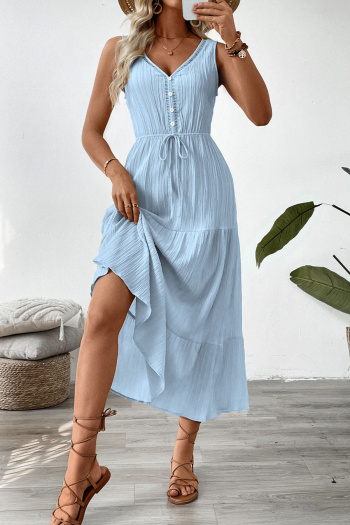 Casual non-stretch 3 colors solid color sleeveless wrinkle fabric midi dress
