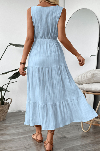 Casual non-stretch 3 colors solid color sleeveless wrinkle fabric midi dress