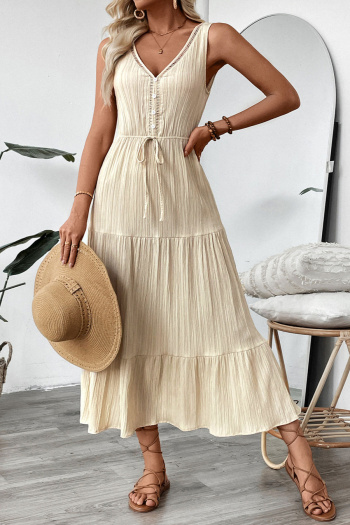 Casual non-stretch 3 colors solid color sleeveless wrinkle fabric midi dress