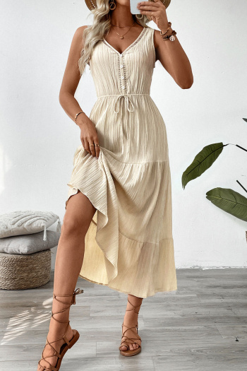 Casual non-stretch 3 colors solid color sleeveless wrinkle fabric midi dress
