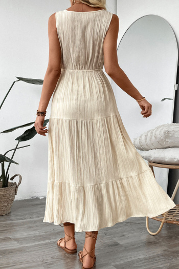 Casual non-stretch 3 colors solid color sleeveless wrinkle fabric midi dress