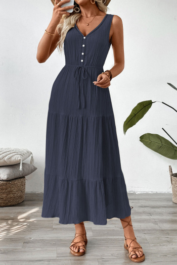 Casual non-stretch 3 colors solid color sleeveless wrinkle fabric midi dress