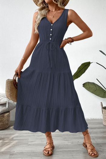 Casual non-stretch 3 colors solid color sleeveless wrinkle fabric midi dress