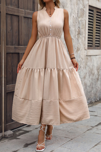 Casual non-stretch simple solid color sleeveless wrinkle fabric midi dress