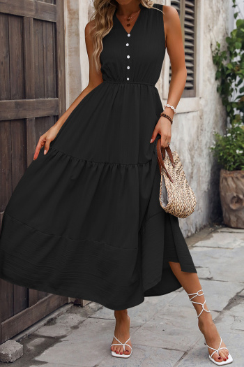 Casual non-stretch simple solid color sleeveless wrinkle fabric midi dress