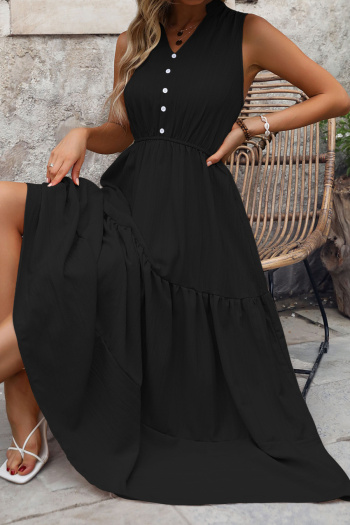 Casual non-stretch simple solid color sleeveless wrinkle fabric midi dress