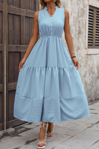 Casual non-stretch simple solid color sleeveless wrinkle fabric midi dress