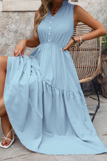 Casual non-stretch simple solid color sleeveless wrinkle fabric midi dress