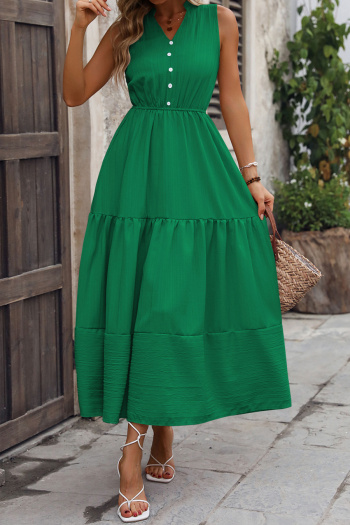 Casual non-stretch simple solid color sleeveless wrinkle fabric midi dress