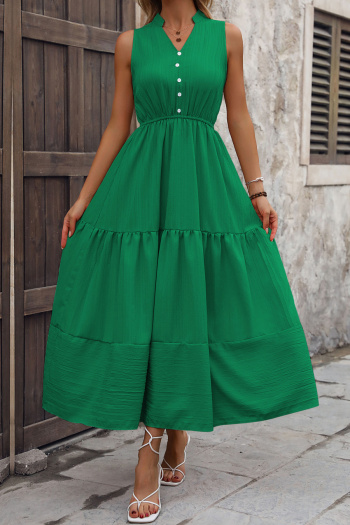 Casual non-stretch simple solid color sleeveless wrinkle fabric midi dress