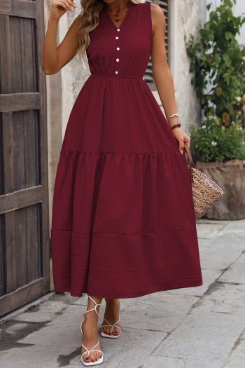 Casual non-stretch simple solid color sleeveless wrinkle fabric midi dress