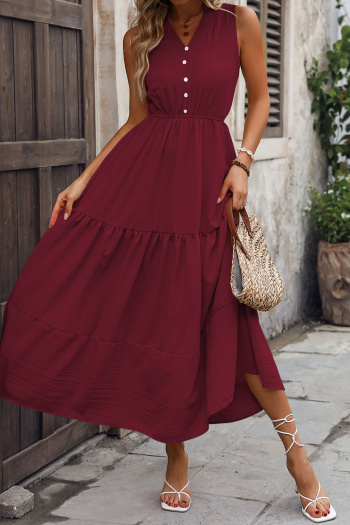 Casual non-stretch simple solid color sleeveless wrinkle fabric midi dress