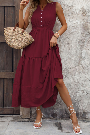 Casual non-stretch simple solid color sleeveless wrinkle fabric midi dress