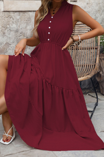 Casual non-stretch simple solid color sleeveless wrinkle fabric midi dress
