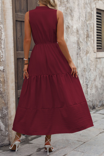 Casual non-stretch simple solid color sleeveless wrinkle fabric midi dress