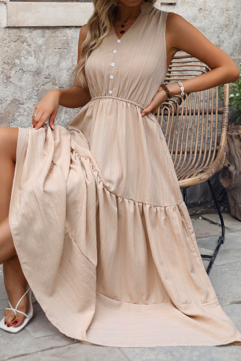 Casual non-stretch simple solid color sleeveless wrinkle fabric midi dress
