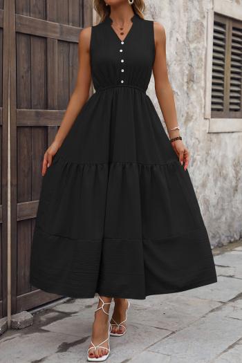 Casual non-stretch simple solid color sleeveless wrinkle fabric midi dress