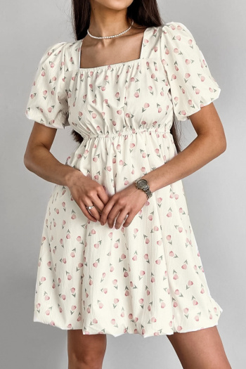 Casual non-stretch floral print square neck wrinkle fabric mini dress