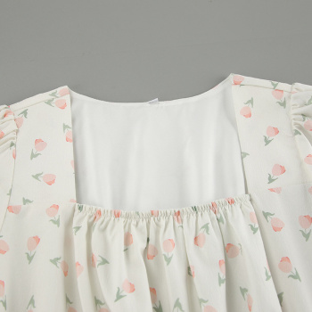 Casual non-stretch floral print square neck wrinkle fabric mini dress
