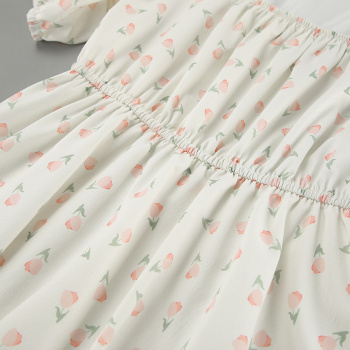 Casual non-stretch floral print square neck wrinkle fabric mini dress