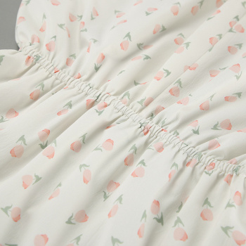Casual non-stretch floral print square neck wrinkle fabric mini dress