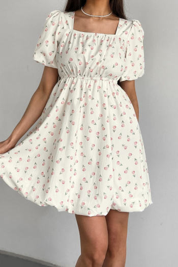 Casual non-stretch floral print square neck wrinkle fabric mini dress
