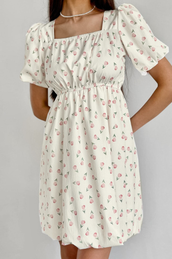 Casual non-stretch floral print square neck wrinkle fabric mini dress