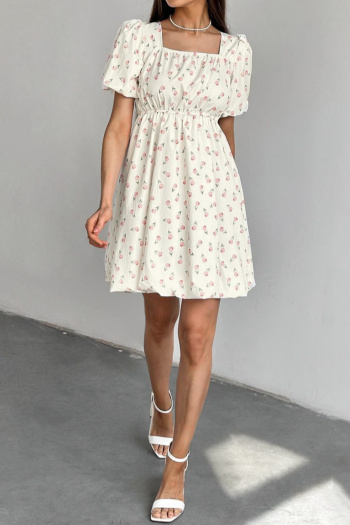 Casual non-stretch floral print square neck wrinkle fabric mini dress