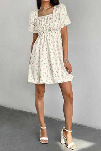 Casual non-stretch floral print square neck wrinkle fabric mini dress