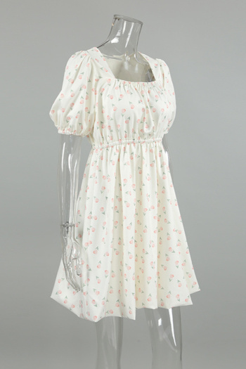 Casual non-stretch floral print square neck wrinkle fabric mini dress