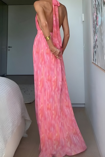 sexy non-stretch batch printing halter-neck pleated maxi dress