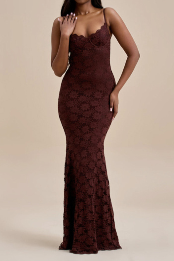Sexy slight stretch lace 3 colors sling solid color maxi dress