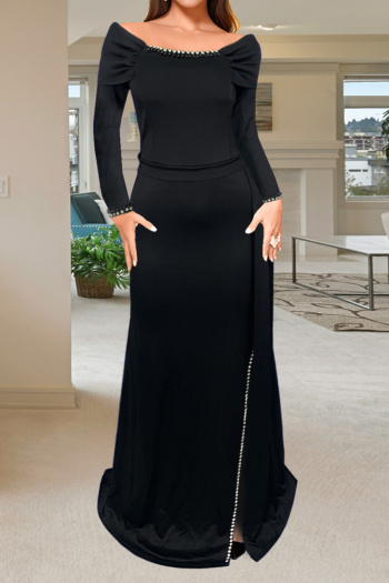 casual plus size slight stretch solid color rhinestones decor slit maxi dress