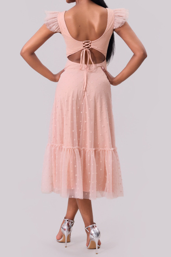 elegant non-stretch mesh jacquard hollow lace-up backless midi dress