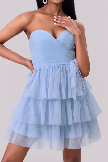 elegant non-stretch solid color multi-layered mesh tube top mini dress