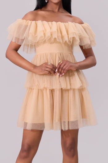 elegant non-stretch solid color pleated mesh one-shoulder mini dress