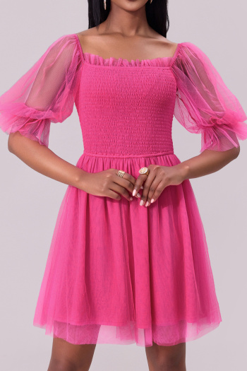 elegant non-stretch see-through mesh shirring short sleeve mini dress