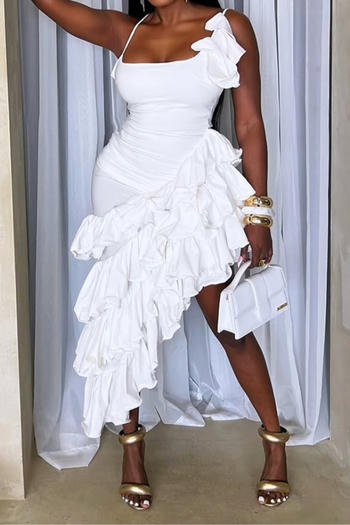 sexy plus size slight stretch irregular sling layered ruffle maxi dress
