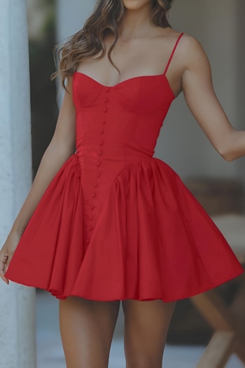 casual non-stretch solid color sling single-breasted pleated mini dress