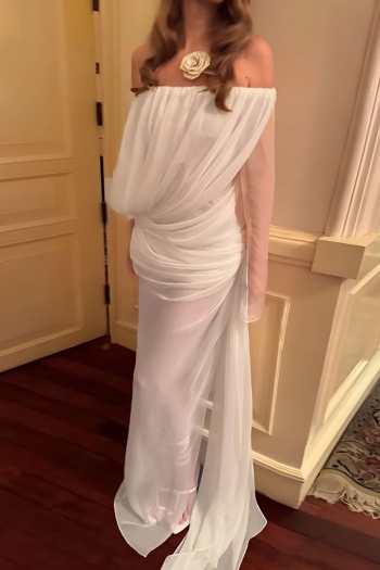 sexy slight stretch off shoulder solid color see-through maxi dress