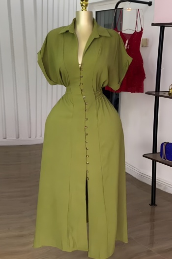 casual plus size non-stretch solid color single breasted slit maxi dress