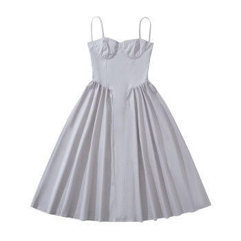 casual non-stretch solid color sling pleated with underwire midi dress