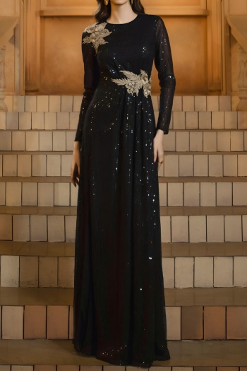 elegant slight stretch sequin decor padded long sleeve high slit maxi dress
