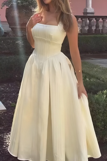 casual non-stretch new solid color sling wrinkle fabric midi dress